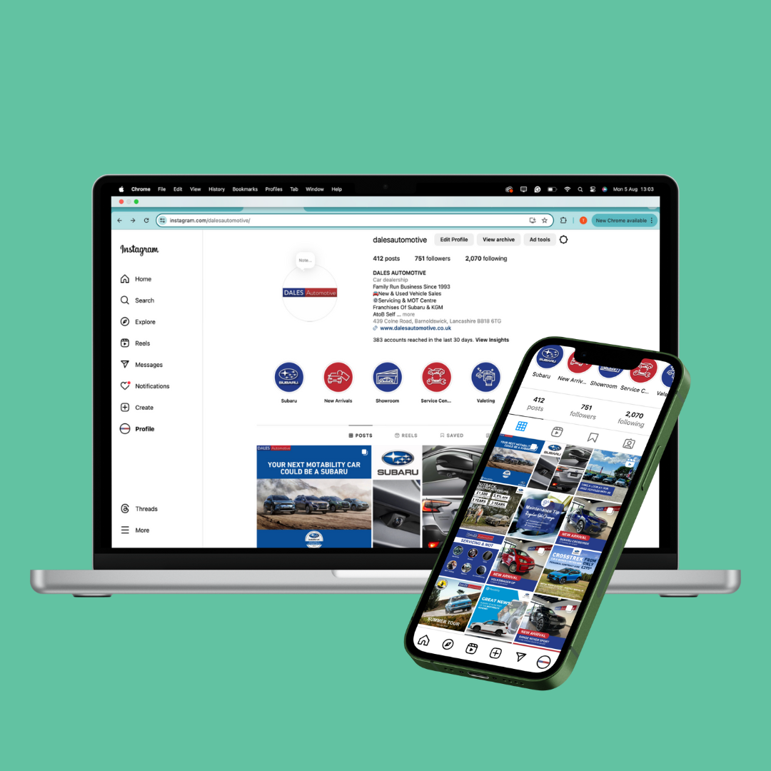 Laptop and iPhone showing Dales Automotive social media platforms